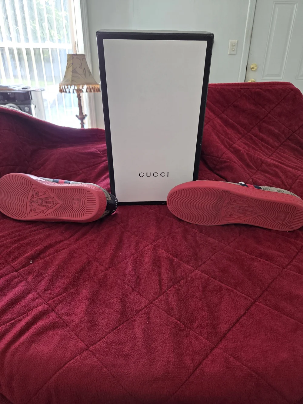 Gucci GG Supreme Canvas Low-Top Sneakers with Red Soles and Navy-Red Web